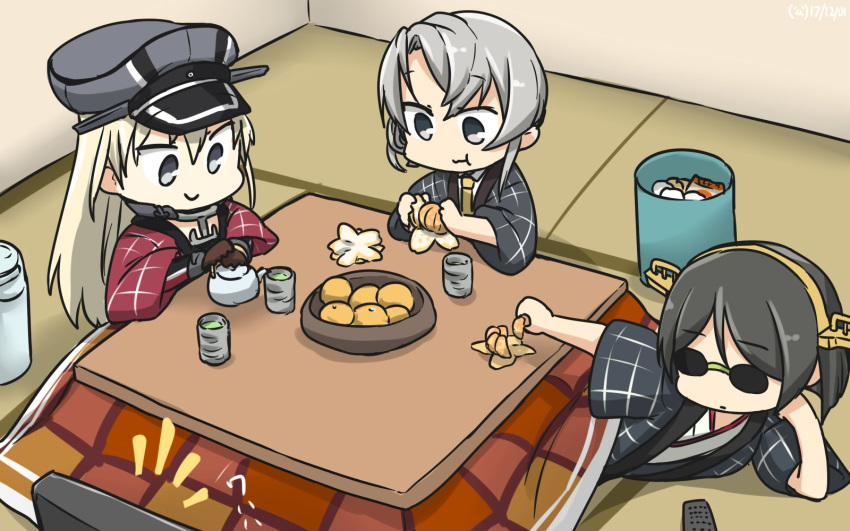 3girls bismarck_(kantai_collection) black_hair blonde_hair blouse blue_eyes brown_gloves commentary_request controller dated food fruit glasses gloves green_tea grey_eyes hair_between_eyes hairband hamu_koutarou happi hat headgear highres japanese_clothes kantai_collection kirishima_(kantai_collection) kotatsu long_hair mandarin_orange military military_uniform multiple_girls necktie nontraditional_miko nowaki_(kantai_collection) peaked_cap remote_control short_hair silver_hair smile table tea television uniform white_blouse yellow_neckwear