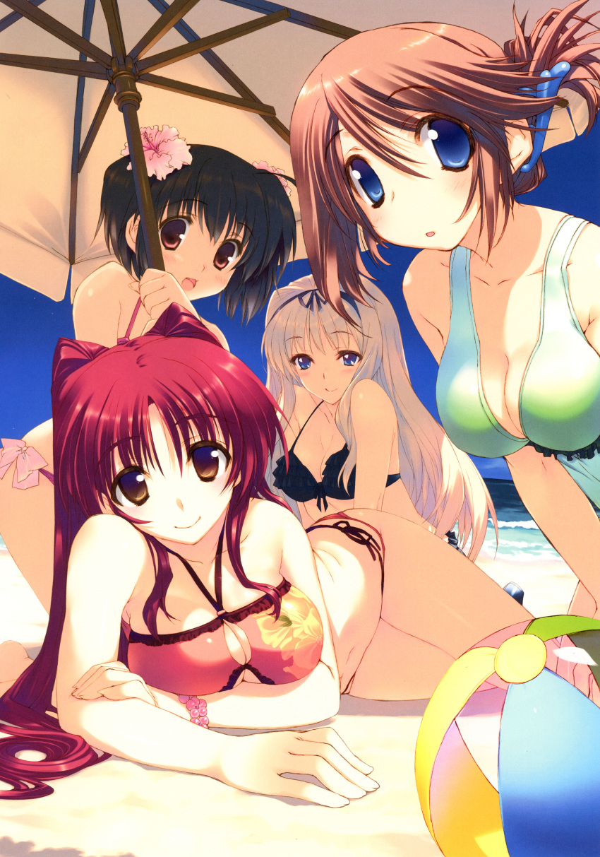 4girls absurdres ball beach beach_umbrella beachball bead_bracelet beads bikini black_bikini blue_eyes bracelet breasts brown_eyes brown_hair cleavage eyebrows_visible_through_hair floral_print flower hair_flower hair_ornament hair_ribbon hairclip highres jewelry kneeling large_breasts long_hair looking_at_viewer lying mitsumi_misato multiple_girls ocean official_art on_side open_mouth outdoors redhead ribbon scan side-tie_bikini smile swimsuit twintails umbrella water