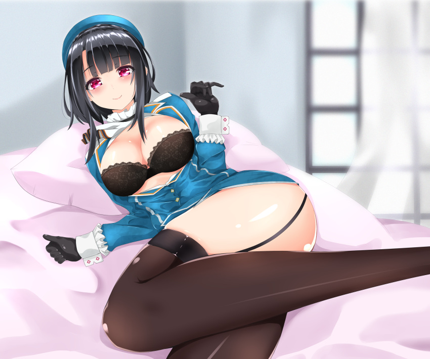 1girl bed beret black_bra black_gloves black_hair black_legwear blue_hat blue_shirt blush bra breasts eyebrows_visible_through_hair garter_straps gloves hat highres indoors kantai_collection large_breasts long_sleeves looking_at_viewer lying on_side open_clothes open_shirt pillow red_eyes shirt short_hair solo surota takao_(kantai_collection) thigh-highs underwear uniform