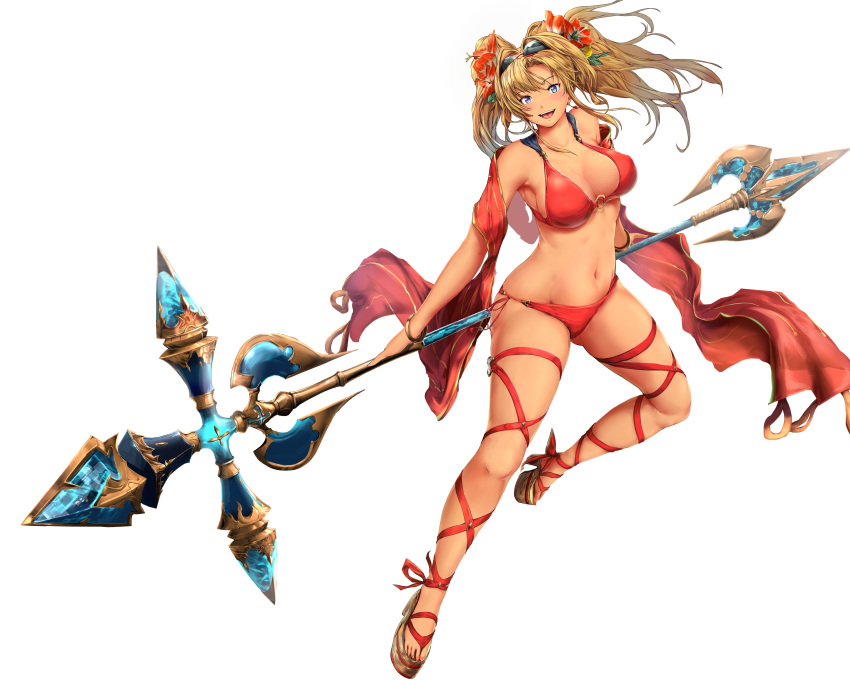 1girl :d absurdres bikini blonde_hair blue_eyes blush bracelet breasts cleavage eyewear_on_head flower granblue_fantasy hair_flower hair_ornament highres jewelry large_breasts long_hair looking_at_viewer midriff navel o-ring_bikini o-ring_top open_mouth pekoneko polearm red_bikini sandals shawl side-tie_bikini smile solo spear sunglasses swimsuit tan thigh_strap twintails weapon white_background zeta_(granblue_fantasy)