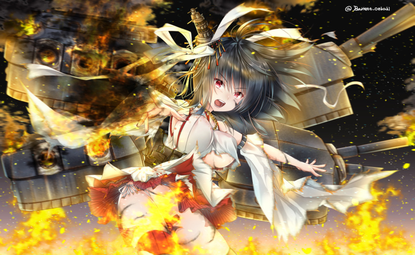 1girl baretto_(firearms_1) black_hair breasts cannon damaged detached_sleeves explosion eyebrows_visible_through_hair highres japanese_clothes kantai_collection large_breasts night nontraditional_miko open_mouth outdoors panties pantyshot pantyshot_(standing) red_eyes red_skirt remodel_(kantai_collection) rigging short_hair side-tie_panties skirt solo standing torn_clothes underwear white_panties wide_sleeves yamashiro_(kantai_collection)