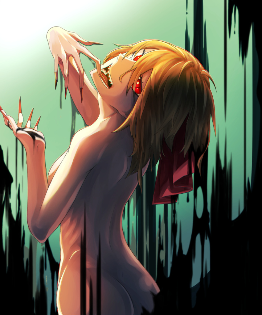 1girl ass back blonde_hair breasts commentary_request darkness fingernails from_behind green_background hair_ribbon hands_up highres long_fingernails looking_at_viewer looking_back medium_breasts nail_polish nude red_eyes red_nails red_ribbon ribbon rumia sakugetsu sharp_fingernails sharp_teeth smile teeth touhou