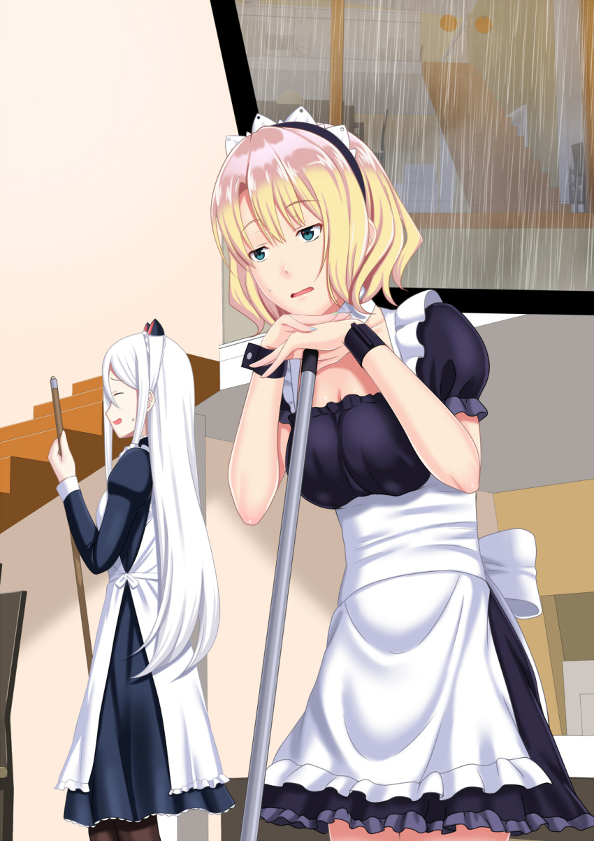 2girls alternate_costume animal_ears apron black_dress blonde_hair blue_eyes blush breasts cat_ears cleavage commentary_request dress enmaided eyebrows_visible_through_hair fake_animal_ears frills hair_between_eyes highres indoors long_hair long_sleeves looking_at_viewer maid maid_apron maid_headdress medium_breasts multiple_girls open_mouth original puffy_short_sleeves puffy_sleeves rain red_eyes short_hair short_sleeves silver_hair smile standing tawagoto_dukai_no_deshi thigh-highs waist_apron wrist_cuffs