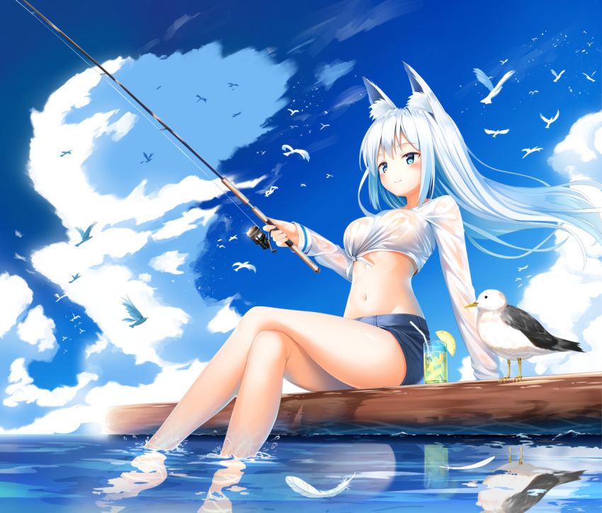 1girl animal_ears arm_support bare_legs barefoot bird blue_eyes blue_sky blush closed_mouth clouds cloudy_sky day feathers fishing_rod food fruit glint kurotobi_rarumu legs_crossed lemon lemon_slice long_hair long_sleeves looking_afar medium_hair midriff navel original outdoors seagull shirt sky smile soaking_feet solo tied_shirt wet wet_clothes wet_shirt white_hair