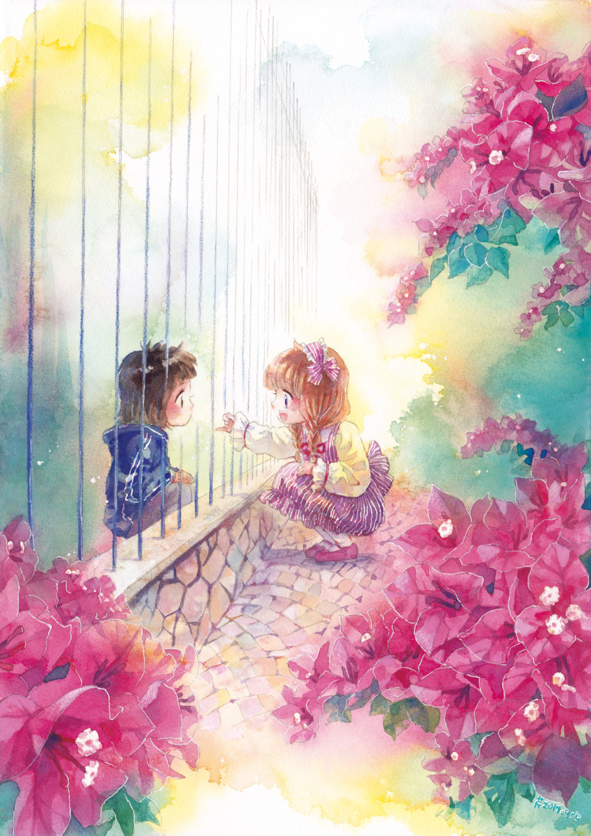 1boy 1girl absurdres backlighting blush braid brown_hair child clouds colorful commentary couple dress eye_contact fence flower hairband happy highres hood hoodie looking_at_another mary_janes open_mouth original pink_dress pinky_swear railing selina shoes sky smile squatting striped striped_dress traditional_media twin_braids watercolor_(medium)
