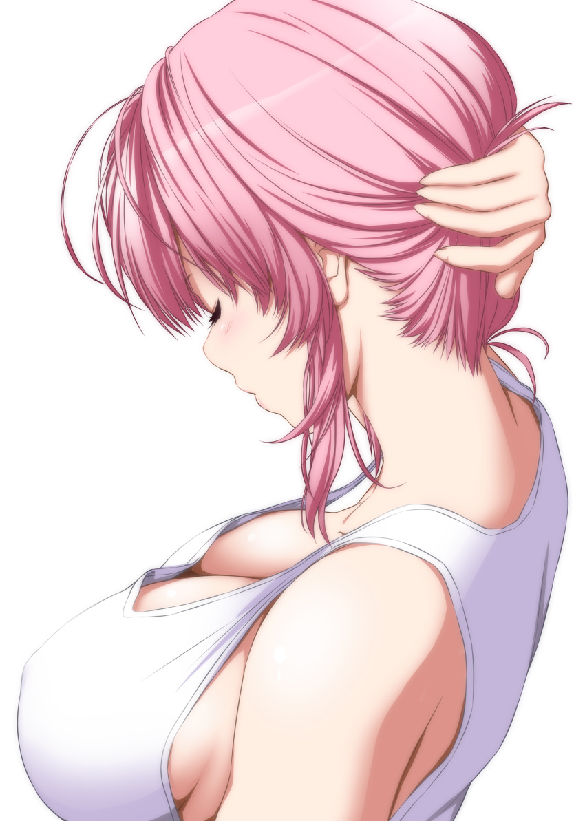 1girl alternate_hairstyle arm_up bare_shoulders breasts cleavage closed_eyes downblouse from_above highres large_breasts nape no_bra nori_tamago pink_hair profile saigyouji_yuyuko short_hair simple_background solo tank_top touhou upper_body white_background