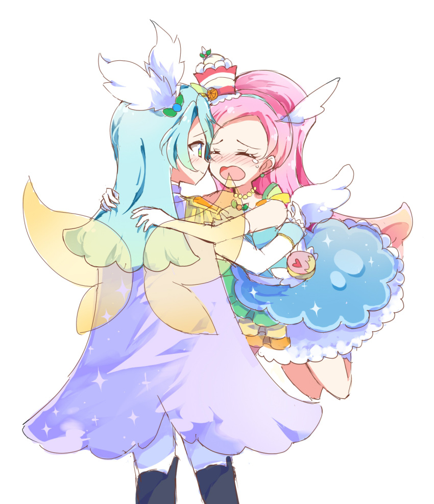 +_+ 1boy 1girl blue_hair blush brother_and_sister crying cure_parfait cure_waffle highres hug julio_(precure) kirahoshi_ciel kirakira_precure_a_la_mode long_hair magical_boy magical_girl pink_hair precure siblings sketch spoilers transparent_wings