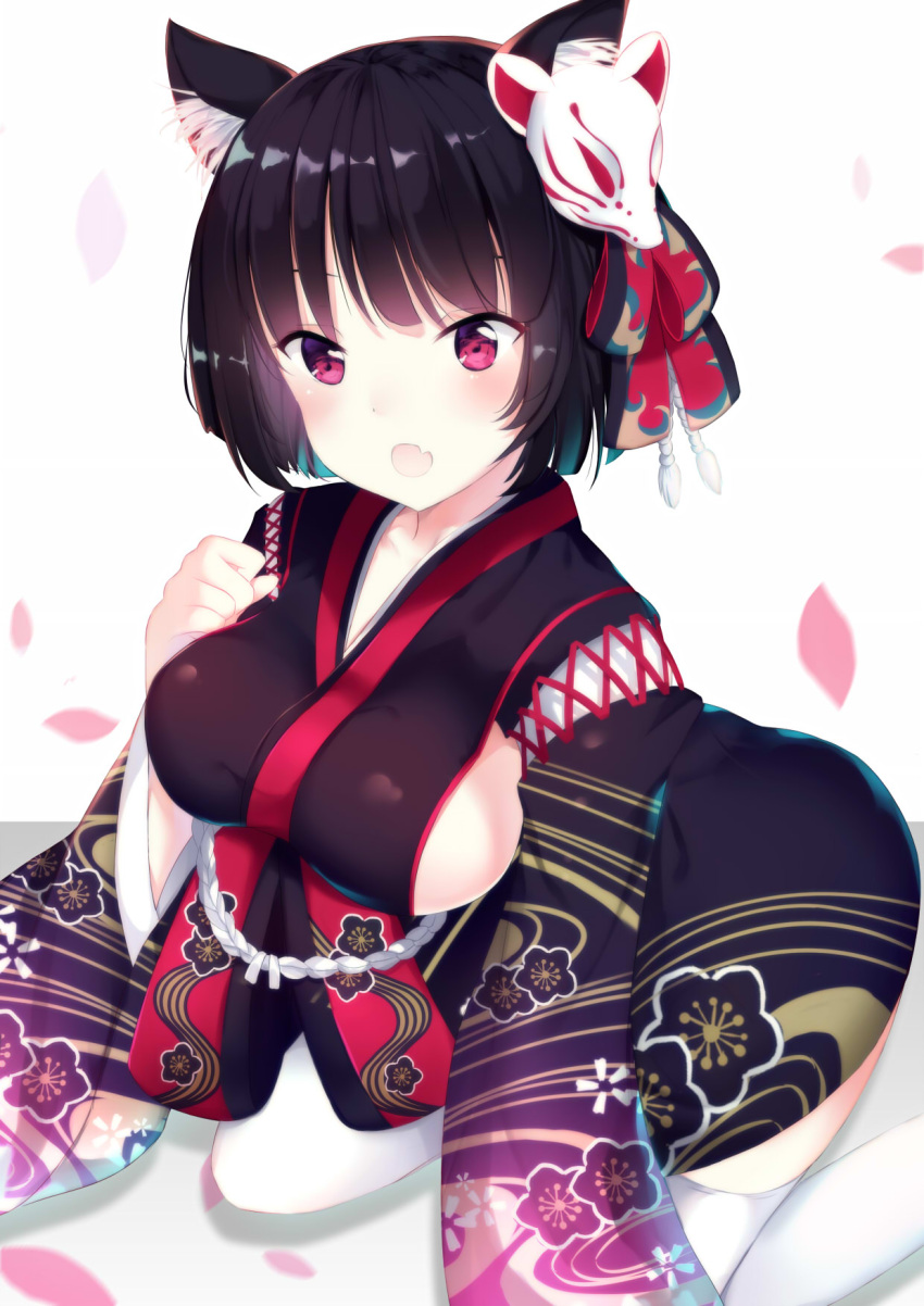 1girl animal_ears azur_lane black_hair breasts cherry_blossoms fang highres japanese_clothes kimono long_sleeves looking_at_viewer mask mask_on_head open_mouth petals red_eyes short_hair sideboob solo tamakinoki thigh-highs white_legwear wide_sleeves yamashiro_(azur_lane)
