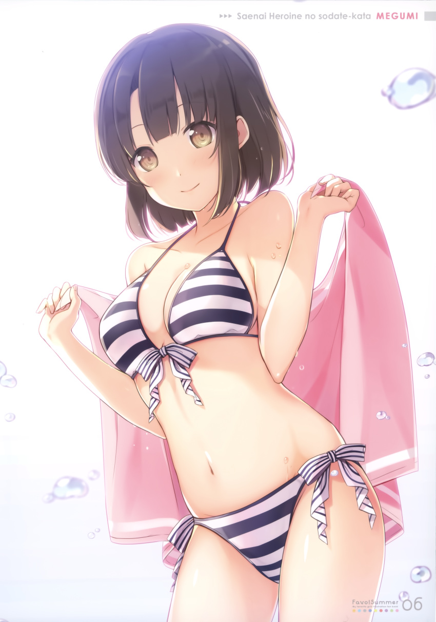 1girl 6u_(eternal_land) absurdres bikini breasts brown_eyes brown_hair highres huge_filesize katou_megumi looking_at_viewer medium_breasts saenai_heroine_no_sodatekata scan simple_background smile solo striped striped_bikini swimsuit towel white_background