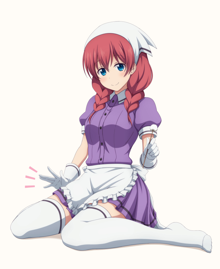 1girl absurdres amano_miu apron bangs blend_s blue_eyes braid breasts closed_mouth commentary_request cotton_swab eyebrows_visible_through_hair frilled_apron frills full_body gloves hair_between_eyes head_tilt highres looking_at_viewer low_twintails medium_breasts no_shoes patting_lap pink_background pleated_skirt puffy_short_sleeves puffy_sleeves purple_skirt redhead shira-nyoro short_sleeves simple_background sitting skirt smile solo stile_uniform thigh-highs twin_braids twintails uniform waist_apron waitress wariza white_apron white_gloves white_legwear