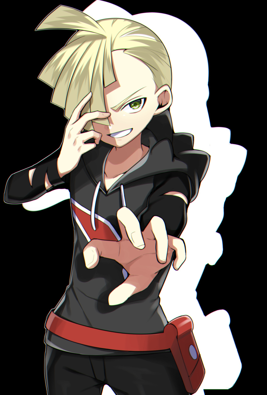 1boy black_background blonde_hair clenched_teeth gladio_(pokemon) green_eyes hair_over_one_eye highres male_focus pokemon pokemon_(game) pokemon_sm short_hair simple_background smile solo teeth yuihiko