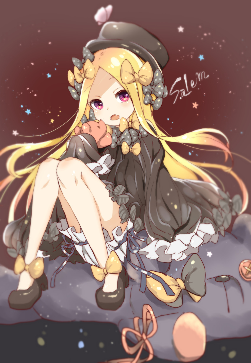 1girl abigail_williams_(fate/grand_order) absurdres bangs black_bow black_dress black_footwear black_hat blonde_hair bloomers bow brown_background butterfly dress eyebrows_visible_through_hair fang fate/grand_order fate_(series) hair_bow hands_in_sleeves hat head_tilt high_heels highres hiro_(14806390) holding holding_stuffed_animal long_sleeves looking_at_viewer open_mouth orange_bow parted_bangs polka_dot polka_dot_bow sitting sitting_on_object solo star starry_background stuffed_animal stuffed_toy teddy_bear underwear violet_eyes white_bloomers