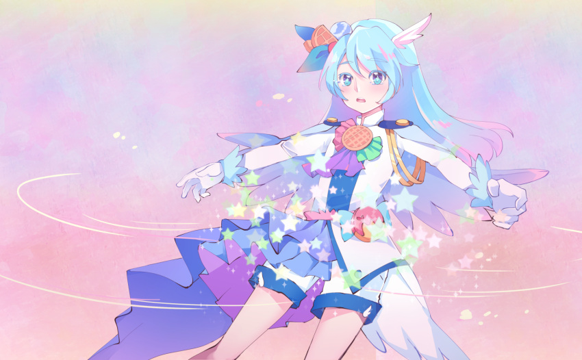 1boy blue_eyes blue_hair cowboy_shot cure_waffle epaulettes food gloves gradient gradient_background highres jacket julio_(precure) kirakira_precure_a_la_mode long_hair magical_boy male_focus multicolored multicolored_background precure ronorono shorts simple_background solo star waffle what_if white_gloves white_jacket