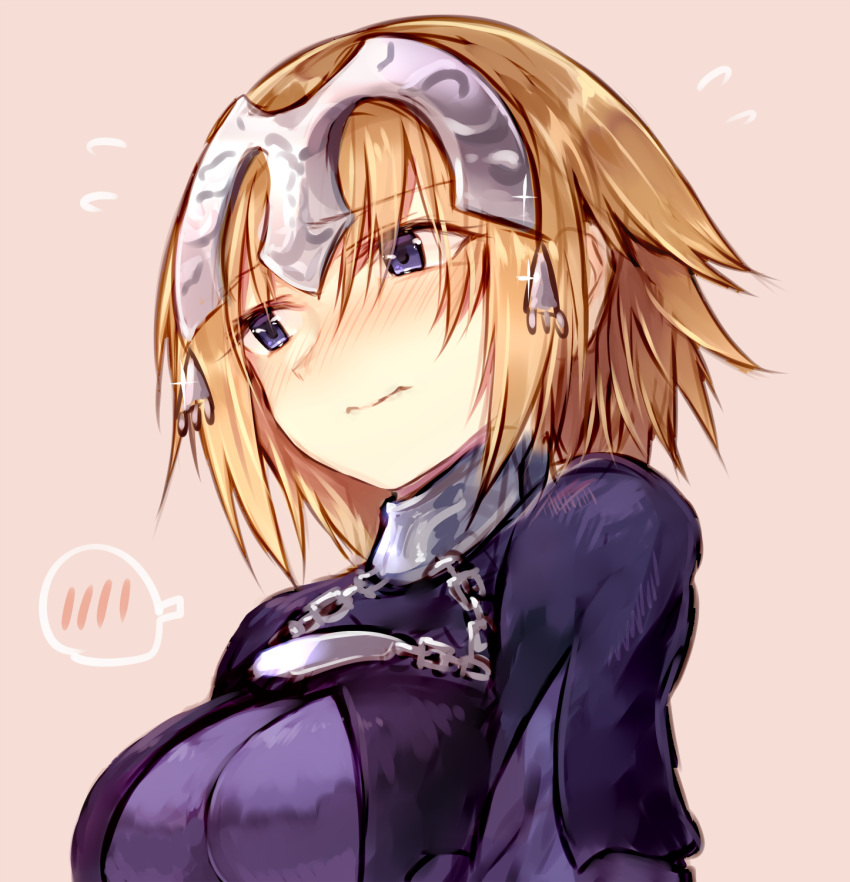 1girl blonde_hair blush breasts capelet chains closed_mouth dress embarrassed eyebrows_visible_through_hair fate/apocrypha fate/grand_order fate_(series) flying_sweatdrops gorget headpiece highres jeanne_d'arc_(fate) jeanne_d'arc_(fate)_(all) large_breasts long_hair looking_away nose_blush pink_background purple_dress simple_background solo spoken_blush sukemyon upper_body violet_eyes