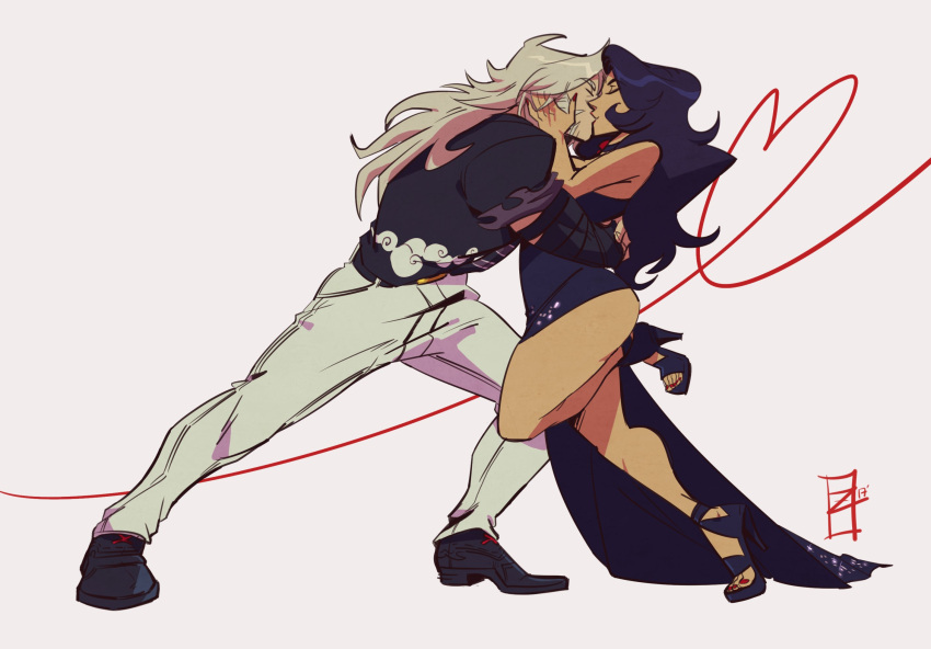 1boy 1girl age_difference alternate_hairstyle black_dress black_hair closed_eyes dancing dress formal full_body grey_hair high_heels highres kiss laura_matsuda leg_lift long_hair side_slit sideburns street_fighter street_fighter_v z0mbiraptor zeku