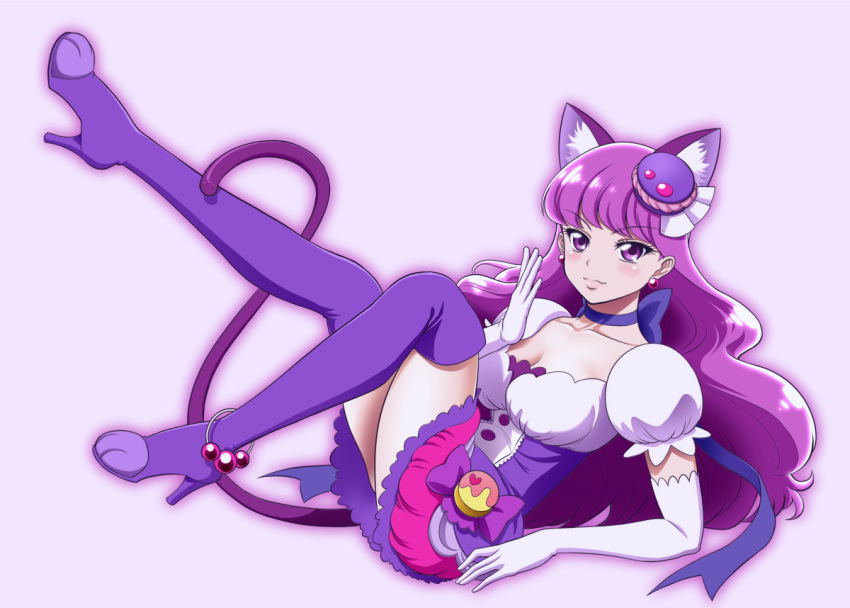 1girl animal_ears boots bow cat_ears choker closed_mouth collarbone cure_macaron dress earrings elbow_gloves extra_ears food_themed_hair_ornament full_body gloves hair_ornament high_heel_boots high_heels jewelry kijinaka_mahiro kirakira_precure_a_la_mode kotozume_yukari layered_dress legs_up long_hair looking_at_viewer macaron_hair_ornament magical_girl precure puffy_sleeves purple purple_background purple_bow purple_dress purple_footwear purple_hair purple_neckwear ribbon_choker simple_background sitting smile solo thigh-highs thigh_boots violet_eyes white_gloves zettai_ryouiki