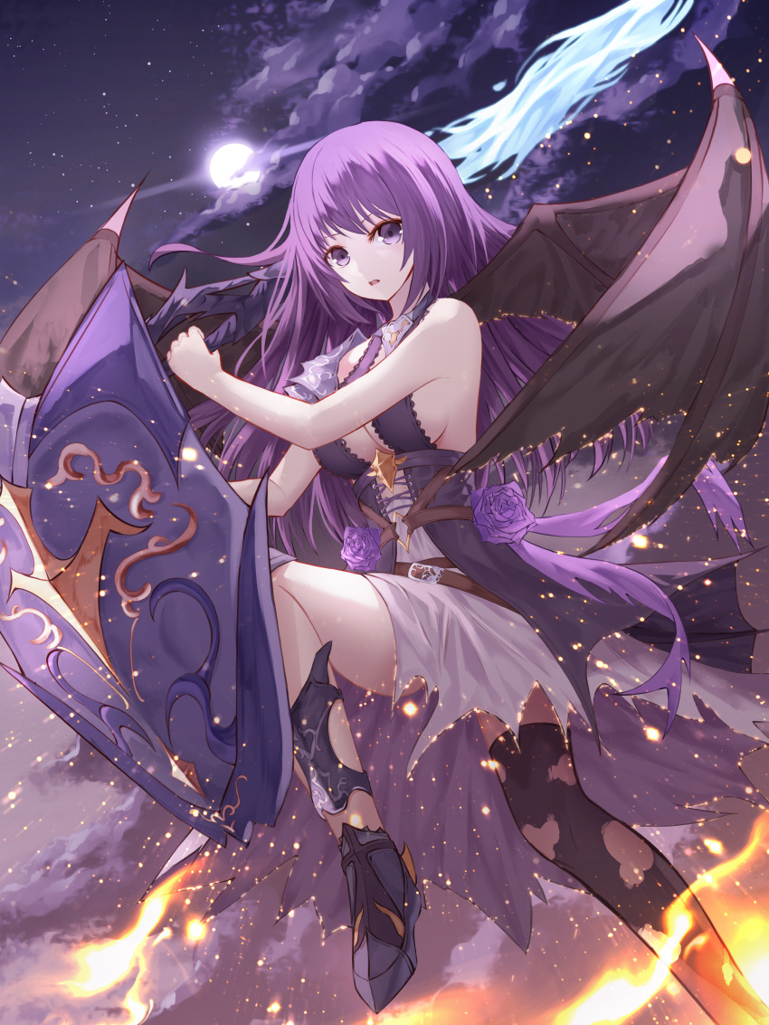 1girl :o absurdres belt black_legwear breasts demon_girl highres looking_at_viewer medium_breasts moon night night_sky original purple_flower purple_hair shield sky star_(sky) starry_sky thigh-highs torn_legwear violet_eyes wings yagyun