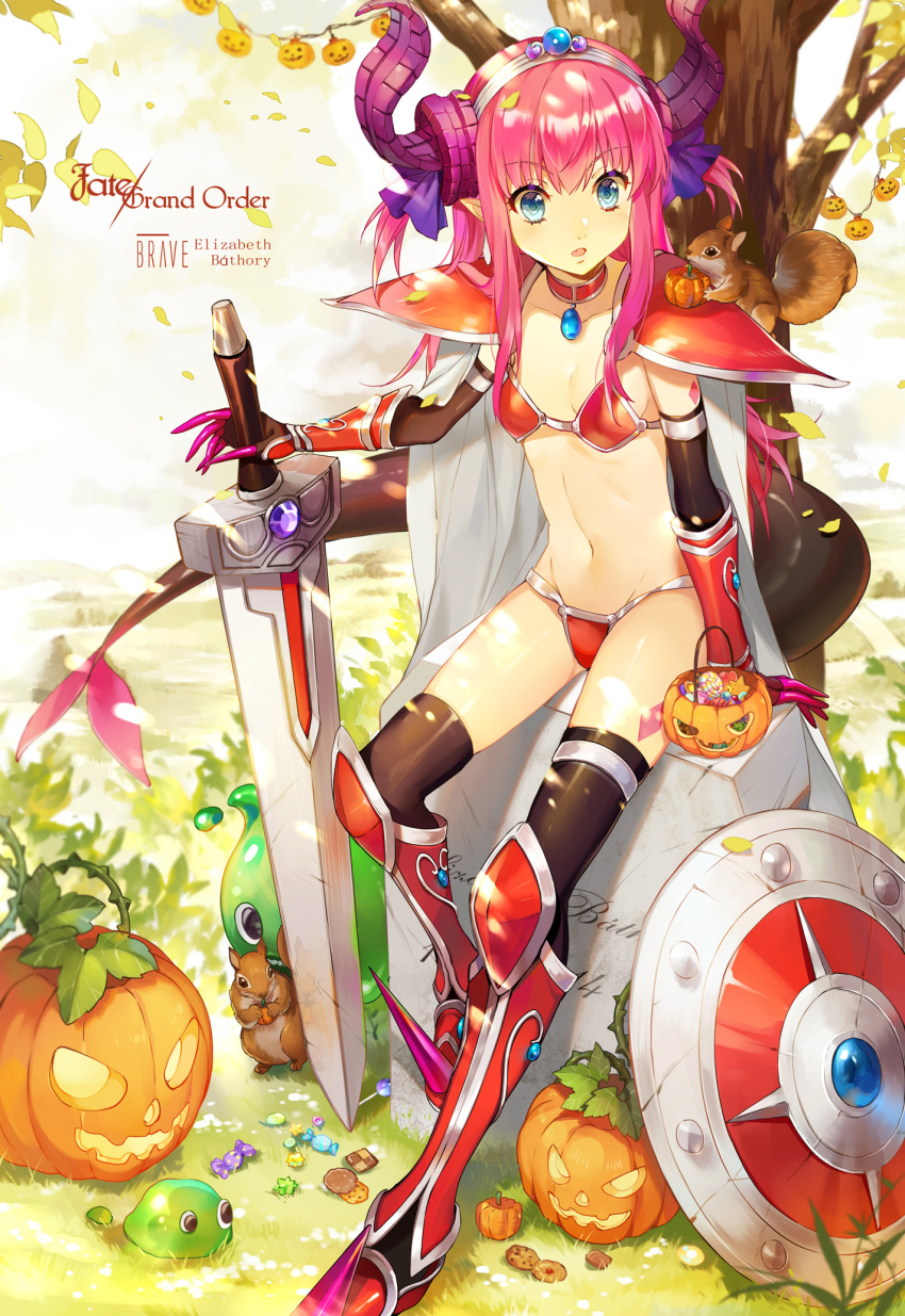 1girl animal animal_on_shoulder arm_support armor armored_boots bangs bikini bikini_armor black_legwear blue_eyes boots breasts broadsword candy candy_wrapper cape character_name checkerboard_cookie choker collarbone cookie copyright_name curled_horns day dragon_horns dragon_tail ekita_xuan elizabeth_bathory_(brave)_(fate) elizabeth_bathory_(fate)_(all) eyebrows_visible_through_hair fang fate/grand_order fate_(series) food grass hair_ribbon halloween halloween_basket highres holding holding_food holding_sword holding_weapon horns jack-o'-lantern knee_boots leaves_in_wind lollipop long_hair looking_to_the_side navel outdoors oversized_clothes parted_lips pauldrons pink_hair pointy_ears pumpkin purple_ribbon red_bikini red_choker red_footwear ribbon shield shoes sidelocks sitting slime small_breasts solo spiked_shoes spikes squirrel string_bikini swimsuit sword tail thigh-highs tiara tombstone tree two_side_up v-shaped_eyebrows vambraces weapon white_cape