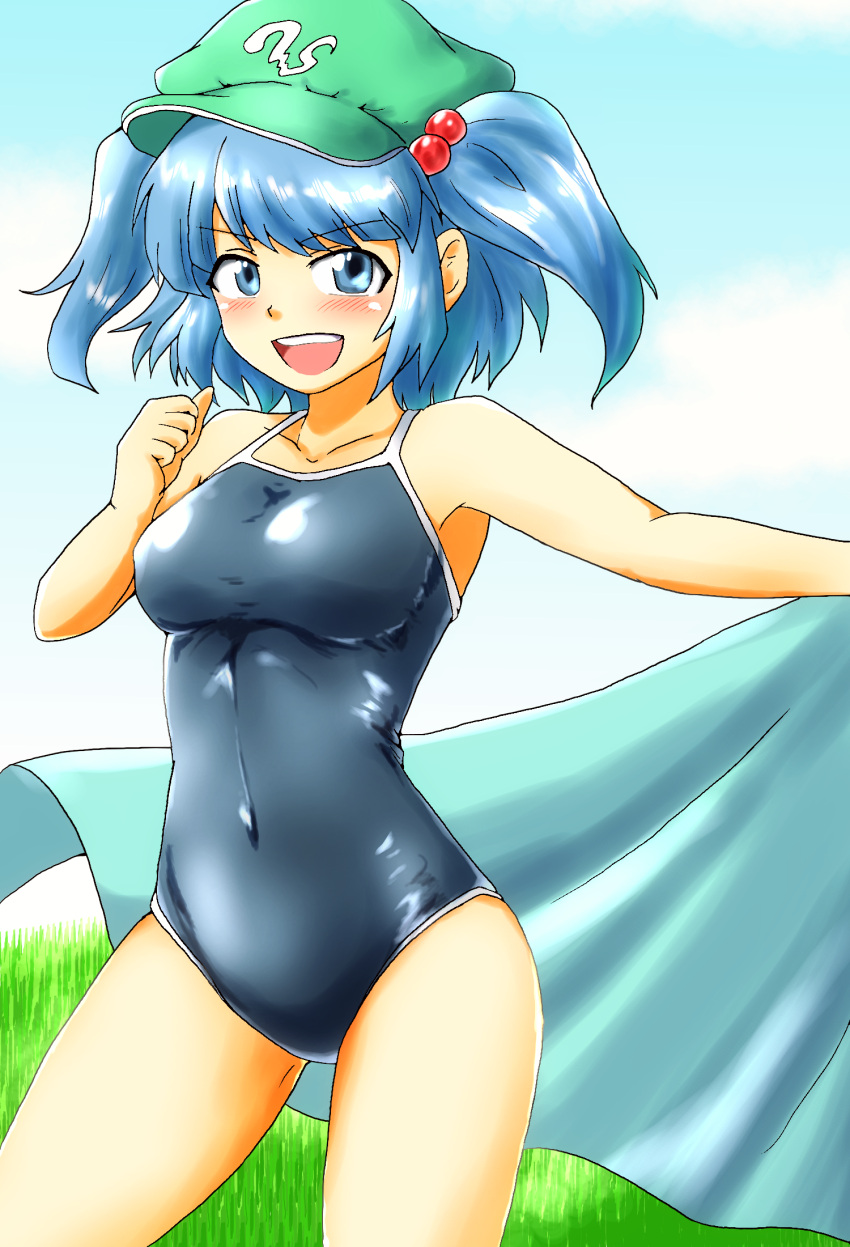 1girl blue_eyes blue_hair blue_sky blue_swimsuit blush breasts competition_school_swimsuit competition_swimsuit d-m_(dii_emu) grass hair_bobbles hair_ornament hat highres kawashiro_nitori long_hair looking_at_viewer medium_breasts one-piece_swimsuit open_mouth short_hair sky smile solo swimsuit touhou twintails two_side_up