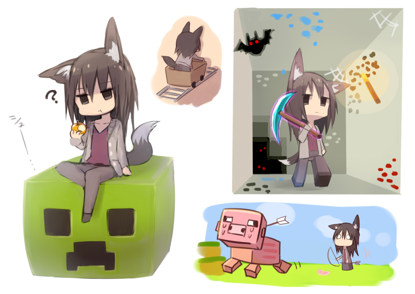 1girl ? animal_ears apple arrow arrow_in_head bat black_eyes black_hair bow_(weapon) comic eating food fox_ears fox_tail fruit highres long_hair minecart minecraft multiple_views o_o original pickaxe pig railroad_tracks sitting standing sukemyon tail underground walking weapon