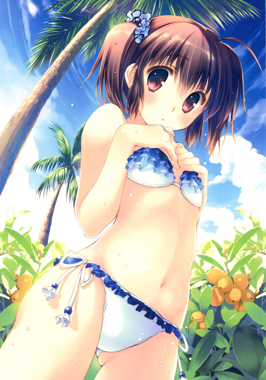 1girl absurdres ahoge bikini breast_suppress brown_hair cowboy_shot eyebrows_visible_through_hair flat_chest food frilled_bikini frills fruit gluteal_fold hair_ornament hair_scrunchie highres mitsumi_misato navel official_art outdoors palm_tree scan scrunchie side-tie_bikini solo sweat swimsuit to_heart tree twintails
