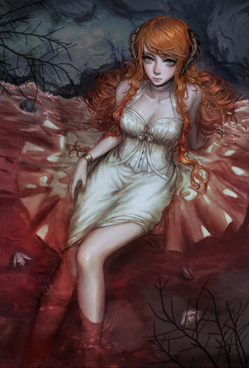 1girl absurdres arm_support bracelet bustier corset eyelashes flower halter_top halterneck highres horns jewelry lips long_hair long_skirt looking_at_viewer nail_polish original partially_submerged red_nails redhead river sitting skirt solo usukuti water white_skirt yellow_eyes
