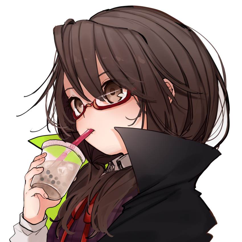 1girl brown_eyes brown_hair cape cup drinking drinking_straw glasses gotoh510 highres holding holding_cup looking_afar low_twintails red-framed_eyewear simple_background solo touhou twintails under-rim_eyewear upper_body usami_sumireko white_background wing_collar