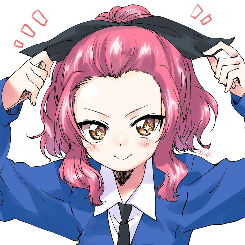 +_+ 1girl adjusting_headwear alternate_hairstyle artist_name black_ribbon brown_eyes closed_mouth commentary dress_shirt forehead girls_und_panzer hair_pulled_back hair_ribbon hair_up highres kuroi_mimei long_sleeves looking_at_viewer necktie notice_lines portrait redhead ribbon rosehip school_uniform shirt short_hair short_ponytail signature simple_background smile solo st._gloriana's_school_uniform sweater v-shaped_eyebrows white_background white_shirt