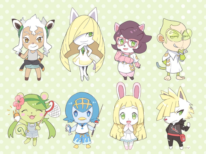 animal animal_ears animalization blonde_hair chibi crossover doubutsu_no_mori glasses green_eyes green_hair grubbin hat highres jewelry lillie_(pokemon) looking_at_viewer lusamine_(pokemon) mallow_(pokemon) mei_(maysroom) multiple_girls overalls pokemon pokemon_(creature) pokemon_(game) pokemon_sm short_hair smile suiren_(pokemon) tail twintails