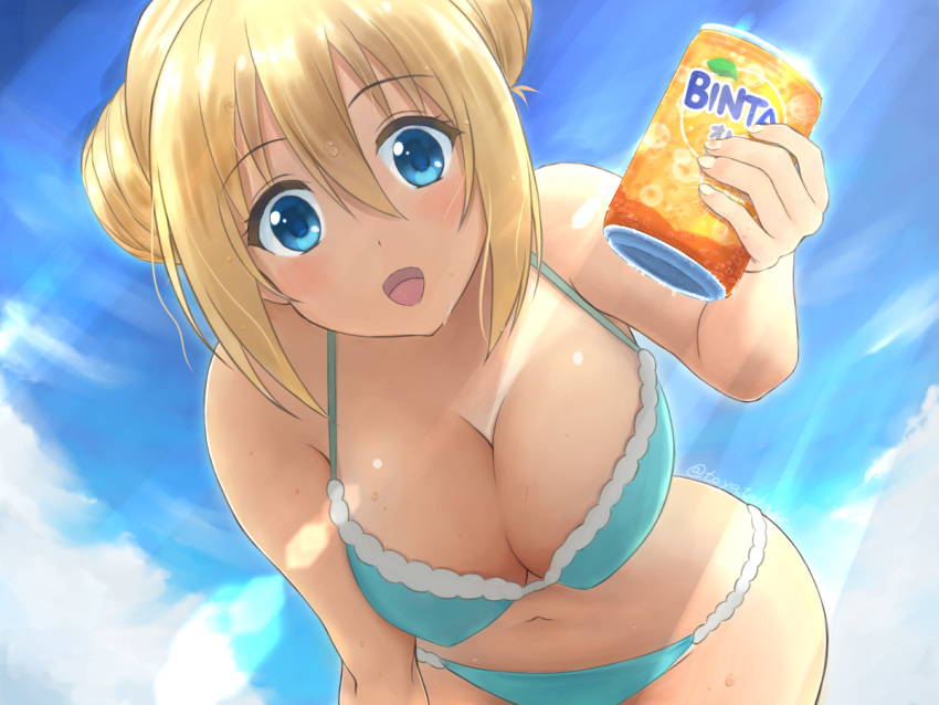 1girl blend_s blonde_hair blue_eyes blue_sky brand_name_imitation breasts can cleavage clouds cowboy_shot double_bun hair_bun hinata_kaho large_breasts light_rays long_hair looking_at_viewer open_mouth sky smile soda_can solo sunbeam sunlight toyatokage
