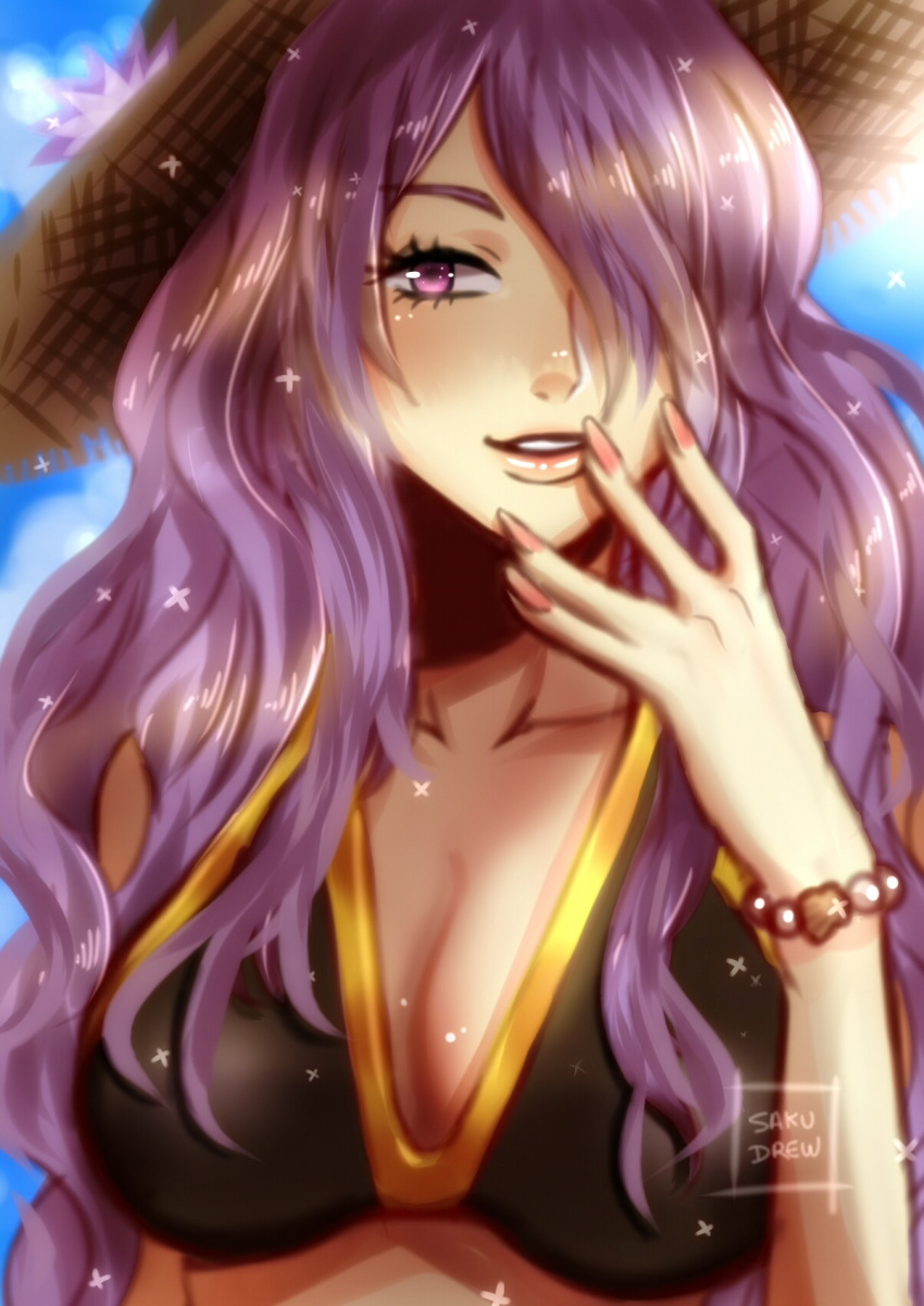 1girl beach bikini breasts camilla_(fire_emblem_if) fire_emblem fire_emblem_if hair_over_one_eye hat highres large_breasts long_hair looking_at_viewer outdoors purple_hair smile solo straw_hat swimsuit wavy_hair