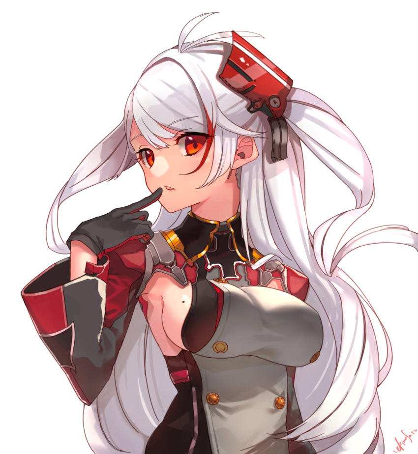 1girl antenna_hair arm_at_side armpits artist_name azur_lane bangs breasts double-breasted eyebrows_visible_through_hair finger_to_mouth hand_up head_tilt headgear highres iron_cross large_breasts long_hair long_sleeves looking_at_viewer mole mole_on_breast multicolored_hair parted_lips prinz_eugen_(azur_lane) red_eyes redhead sideboob silver_hair simple_background solo streaked_hair swept_bangs two_side_up ukimesato upper_body very_long_hair white_background