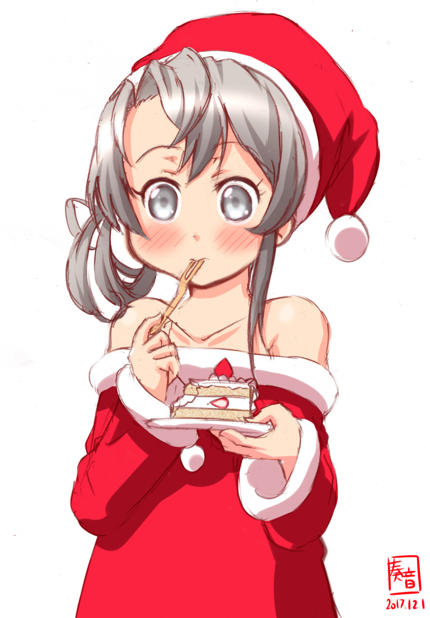 1girl 3: alternate_costume asymmetrical_hair bangs bare_shoulders cake commentary_request dated dress eating flipped_hair food grey_eyes hat highres kanon_(kurogane_knights) kantai_collection logo long_hair nowaki_(kantai_collection) red_dress revision santa_costume santa_hat silver_hair simple_background solo swept_bangs white_background