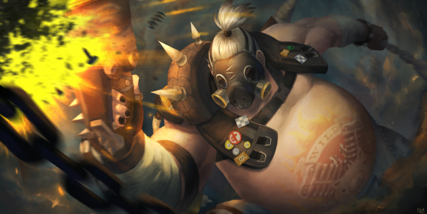 1boy artist_name blurry chains fat fat_man gas_mask gloves gun handgun highres holding holding_gun holding_weapon long_hair male_focus mask nat_vitchayed overwatch ponytail roadhog_(overwatch) shirtless signature solo spikes tagme tattoo weapon white_hair