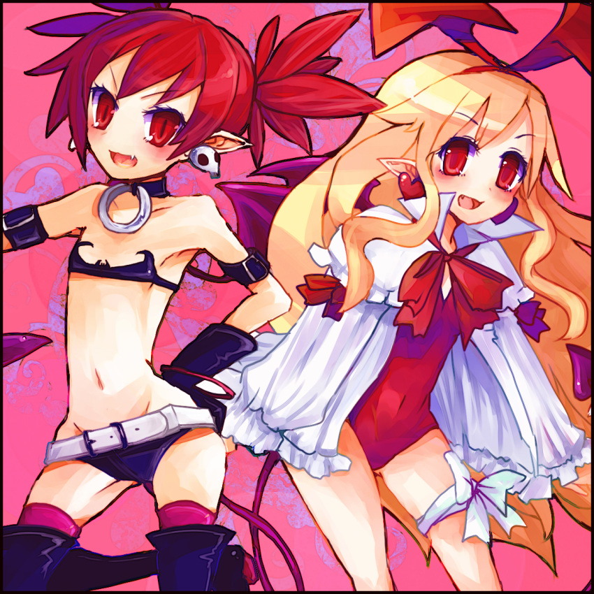 2girls belt blonde_hair boots demon_tail disgaea disgaea_d2 etna flat_chest flonne flonne_(fallen_angel) gloves highres long_hair looking_at_viewer multiple_girls navel red_eyes redhead scottish09 tail thigh-highs thigh_boots twintails