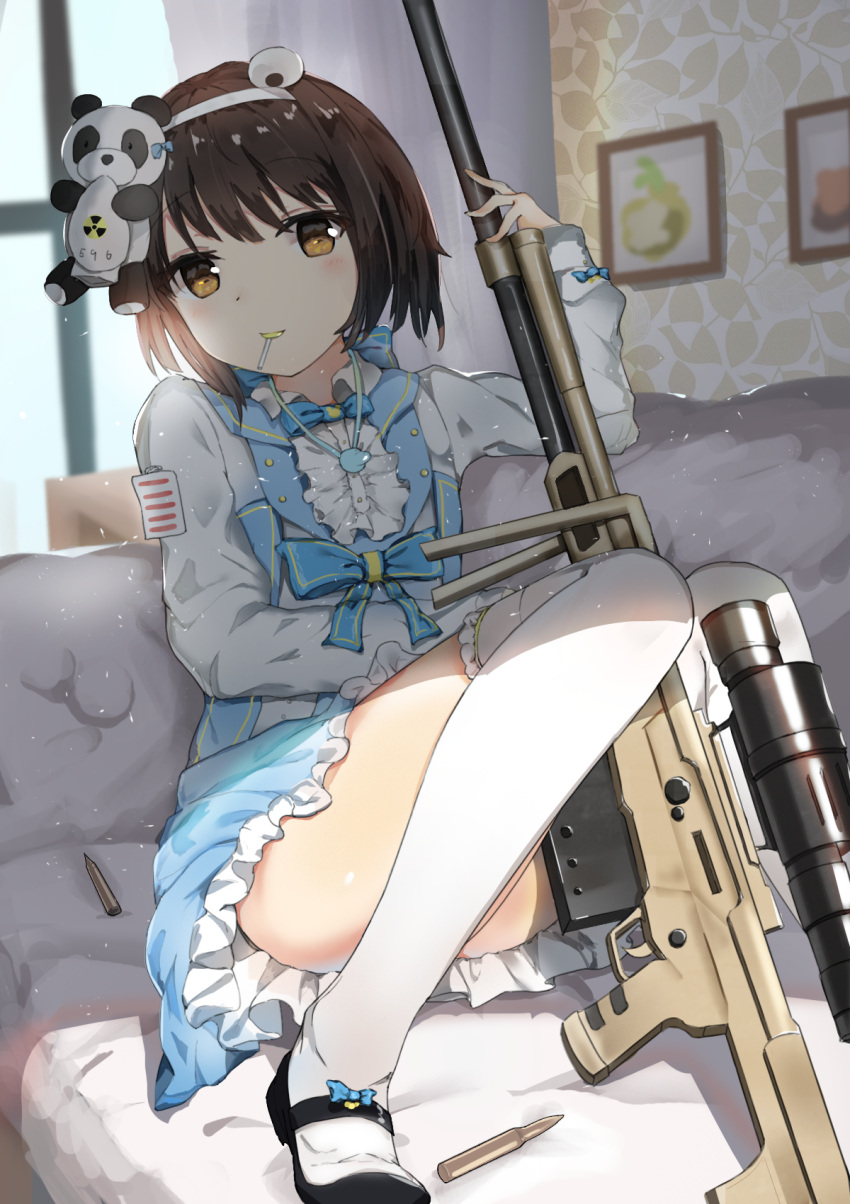 1girl ammunition animal_hair_ornament bangs between_legs black_footwear blue_dress blush brown_hair candy cartridge closed_mouth convenient_leg couch curtains dress even_(17245601) eyebrows_visible_through_hair food frilled_dress frills gun hairband highres indoors jewelry light_particles lollipop long_sleeves looking_at_viewer necklace on_couch photo_(object) pinafore_dress radiation_symbol revision rifle shirt shoes short_hair sitting sleeves_past_wrists smile sniper_rifle solo stuffed_animal stuffed_panda stuffed_toy tareme thigh-highs thighs weapon weapon_request white_hairband white_legwear white_shirt window yellow_eyes