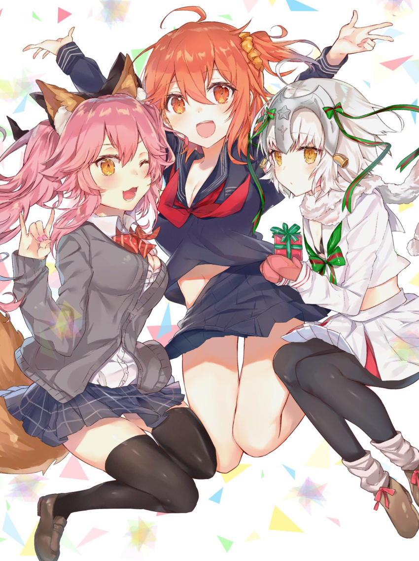 3girls :d ;3 ;d ahoge animal_ears arms_up bangs bell black_legwear blush bow bowtie box breasts brown_footwear cardigan cleavage dress eyebrows_visible_through_hair fate/extra fate/grand_order fate_(series) fingernails flat_chest fox_ears fox_shadow_puppet fox_tail fujimaru_ritsuka_(female) gift gift_box hair_between_eyes hair_bow hair_ornament hair_scrunchie headpiece highres holding jeanne_d'arc_(fate)_(all) jeanne_d'arc_alter_santa_lily jumping legs_up loafers long_hair long_sleeves looking_at_viewer medium_breasts midriff mittens multiple_girls nail_polish nanakagura neckerchief one_eye_closed open_mouth orange_eyes orange_hair outstretched_arms pantyhose pink_hair pink_nails plaid plaid_skirt pleated_skirt pom_pom_(clothes) red_neckwear round_teeth scarf school_uniform scrunchie serafuku shoes short_hair side_ponytail sidelocks skirt smile star tail tamamo_(fate)_(all) tamamo_no_mae_(fate) teeth thigh-highs triangle twintails w white_background white_dress white_hair wing_collar yellow_eyes zettai_ryouiki