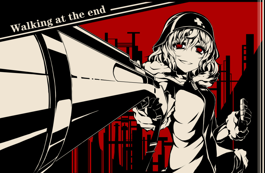1girl absurdres aiming aiming_at_viewer anotoki_ashi commentary_request english evil_smile eyebrows_visible_through_hair food fur_trim gloves gun hair_between_eyes helmet highres holding holding_food holding_gun holding_weapon jacket looking_at_viewer monochrome parted_lips red_background red_eyes revision rifle shoujo_shuumatsu_ryokou smile solo weapon yuuri_(shoujo_shuumatsu_ryokou) zipper