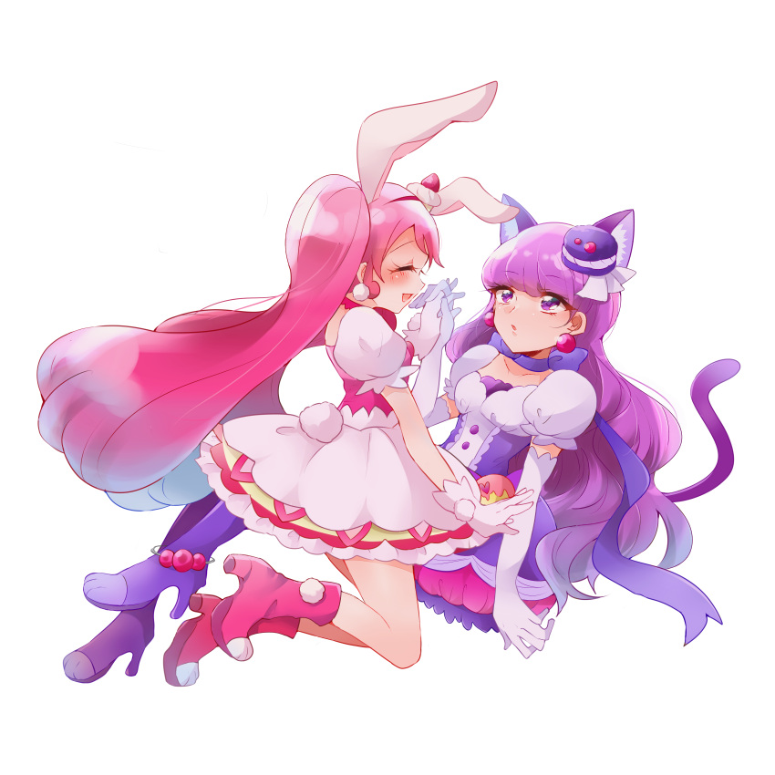 2girls absurdres animal_ears boots bunny_tail cake_hair_ornament cat_ears cat_tail choker closed_eyes cure_macaron cure_whip dress earrings elbow_gloves extra_ears food_themed_hair_ornament gloves hair_ornament hand_holding highres jewelry kirakira_precure_a_la_mode kotozume_yukari long_hair looking_at_another macaron_hair_ornament magical_girl multiple_girls pink_footwear pink_hair precure purple_dress purple_footwear purple_hair purple_neckwear rabbit_ears ribbon_choker shoes simple_background smile tail usami_ichika violet_eyes white_background white_dress white_gloves yutsuchi