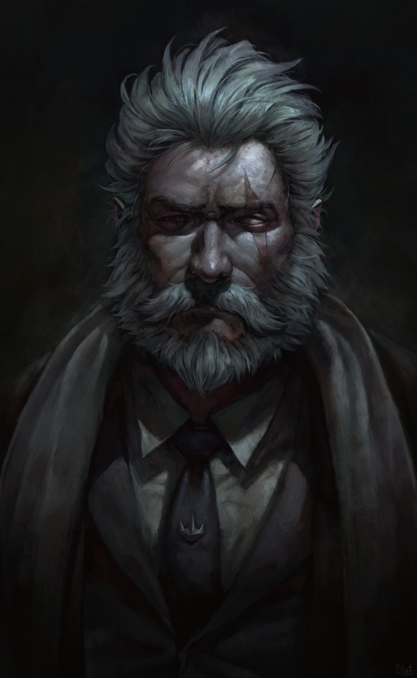 absurdres backlighting beard black_jacket coat collared_shirt facial_hair formal grey_background highres jacket looking_at_viewer nat_vitchayed necktie old_man overwatch reinhardt_(overwatch) scar scar_across_eye serious shirt short_hair solo tagme white_hair white_shirt wing_collar