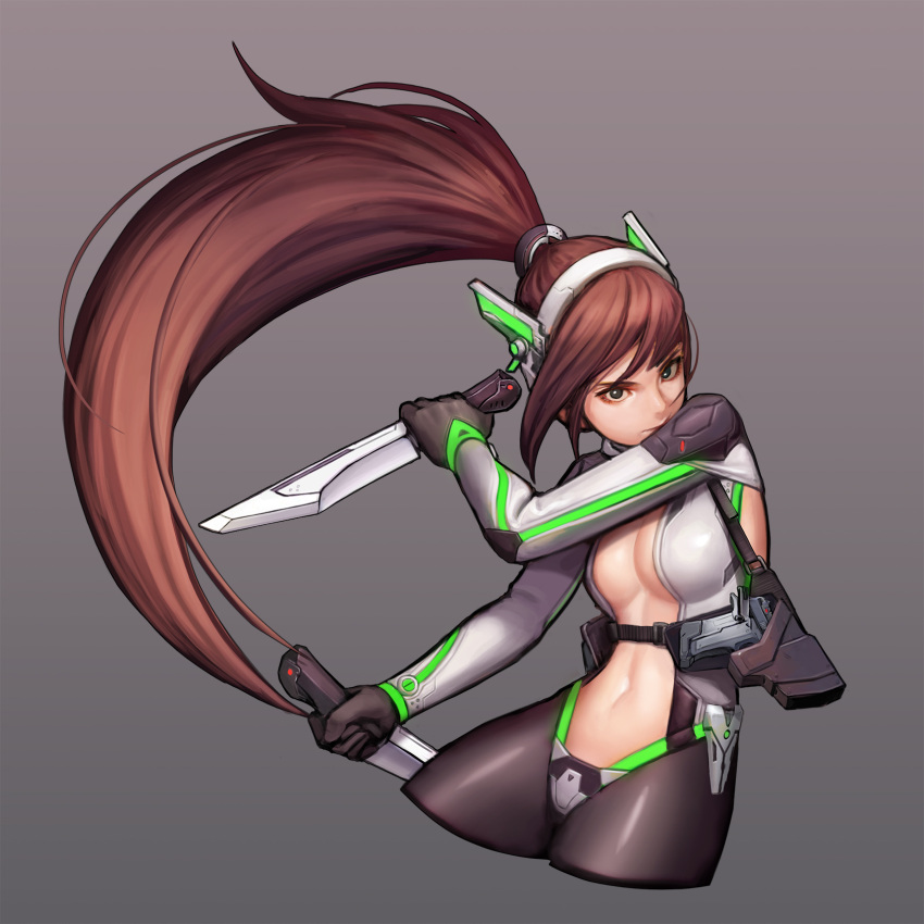 1girl bangs black_eyes bodysuit breasts brown_hair closed_mouth cropped_legs dual_wielding grey_background gun hairband handgun highres holding holding_knife holding_weapon holster jungon_kim knife long_hair looking_at_viewer medium_breasts navel neko_galaxy photoshop pistol ponytail reverse_grip simple_background solo very_long_hair weapon