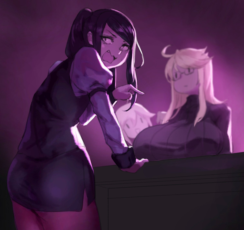 3girls ahoge alma_(va-11_hall-a) bangs breast_envy breast_rest breasts commentary eu03 fang flat_chest glasses highres huge_breasts julianne_stingray long_hair multiple_girls muted_color pencil_skirt pointing purple ribbed_sweater sidelocks skirt sweater swept_bangs under-rim_eyewear va-11_hall-a |_|