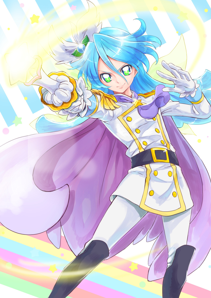 +_+ 1boy absurdres belt blue_hair boots cape cure_waffle double-breasted epaulettes gloves green_eyes hair_ornament highres julio_(precure) kirakira_precure_a_la_mode long_hair magical_boy male_focus precure sharumon smile spoilers wand white_gloves