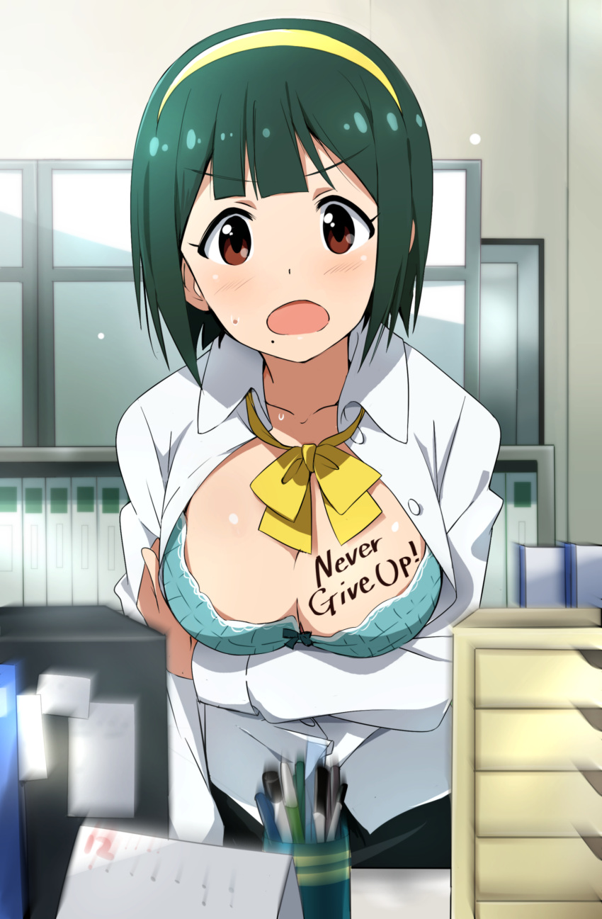 1girl absurdres bangs blue_bow blue_bra blush body_writing bow bow_bra bowtie bra breast_hold breasts breasts_outside brown_eyes buttons cleavage collared_shirt eyebrows_visible_through_hair green_hair hairband highres idolmaster indoors large_breasts long_sleeves looking_at_viewer mole mole_under_mouth open_mouth otonashi_kotori partially_unbuttoned pen shirt short_hair solo sweat tareme underwear upper_body white_shirt yellow_neckwear yumekaranigeruna