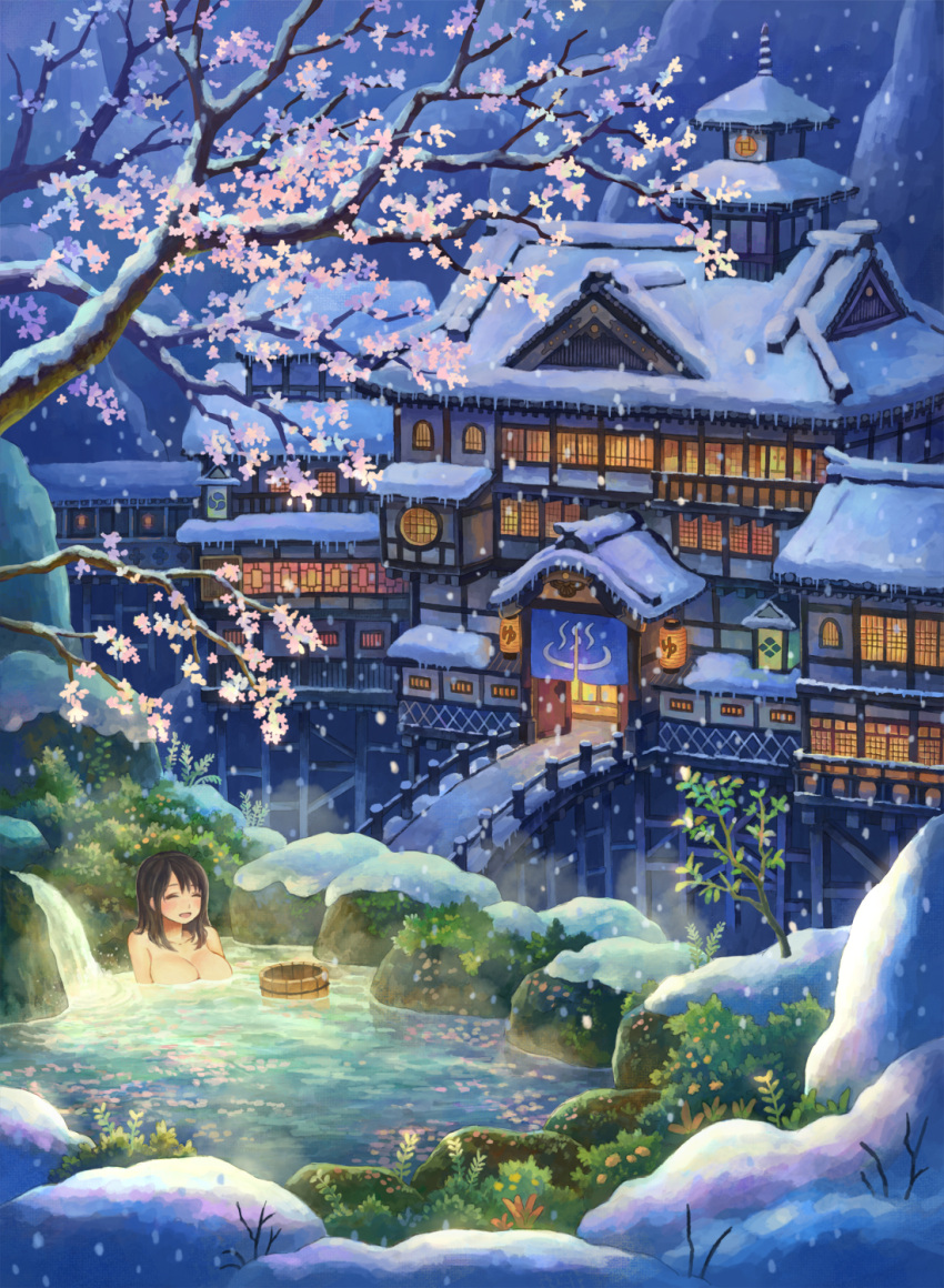 1girl :d ^_^ ^o^ afloat bathing black_hair blush breasts bridge bucket building cherry_blossoms cleavage closed_eyes collarbone highres house kemi_neko lantern long_hair medium_breasts moss night nude onsen open_mouth original outdoors partially_submerged rock scenery smile snow snowing solo steam tree tree_branch upper_body water winter wooden_bucke