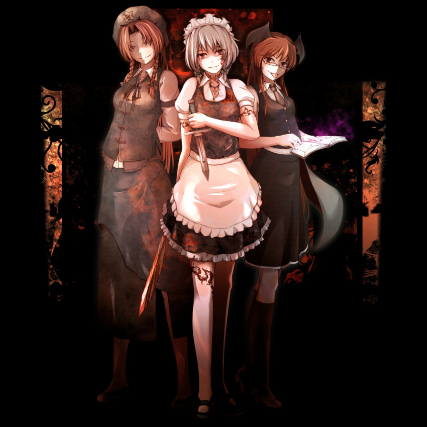 3girls :p apron armband arms_behind_back bat_wings beret bespectacled black_background blood bloody_clothes bloody_weapon book braid china_dress chinese_clothes collared_shirt cross dark dress dress_shirt dual_wielding eyebrows_visible_through_hair eyes_visible_through_hair full_body glasses glowing hat head_wings highres holding holding_book hong_meiling izayoi_sakuya jewelry knife koakuma loafers long_hair looking_at_viewer maid maid_headdress multiple_girls necklace necktie parted_lips red_eyes redhead shirt shoes simple_background skirt skirt_set smile socks standing star sword tattoo tongue tongue_out touhou twin_braids very_long_hair vest waist_apron wakashinoda_kei weapon wings