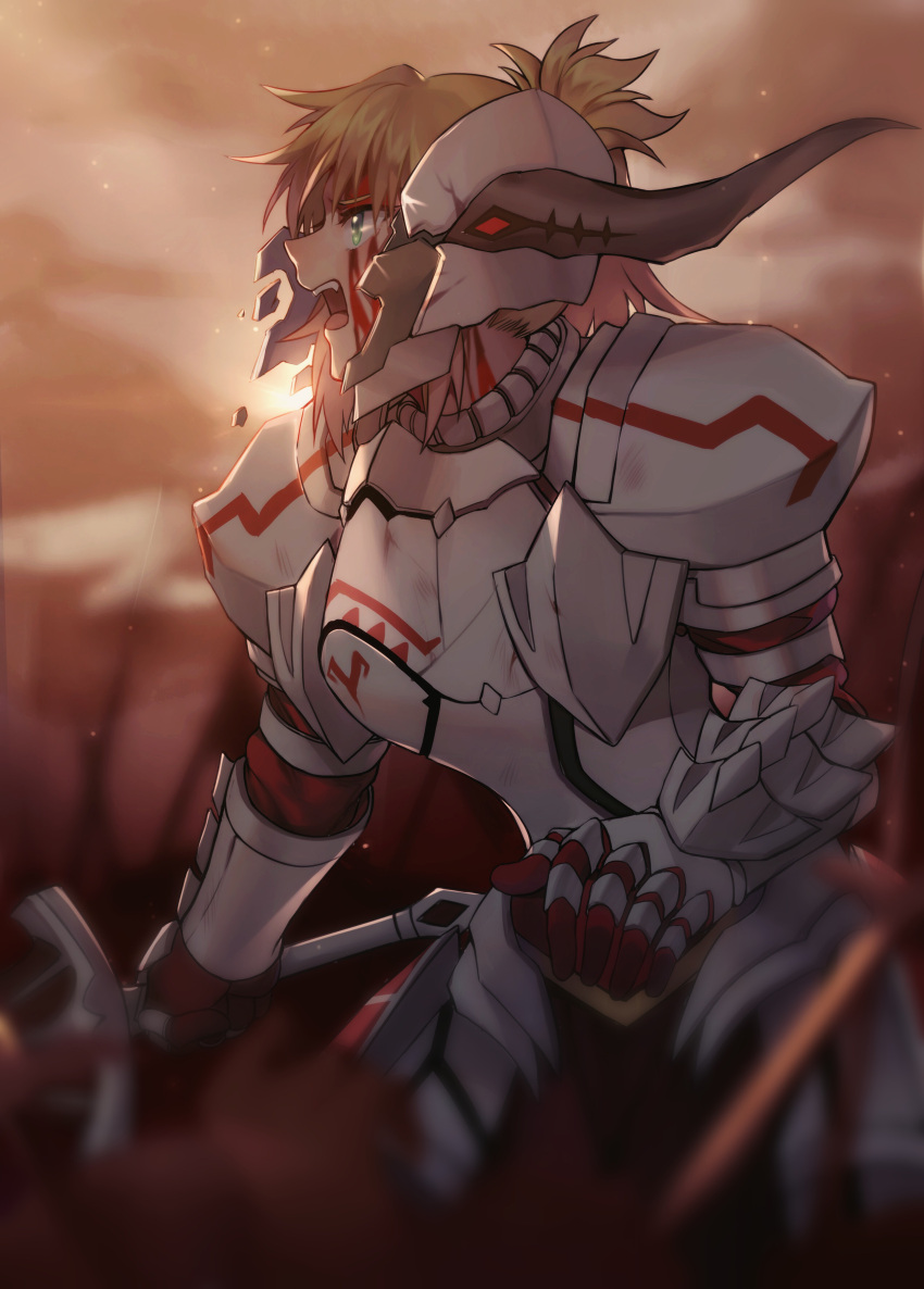 1girl absurdres armor blonde_hair blood blood_on_face clarent damaged fate/apocrypha fate_(series) full_armor gauntlets green_eyes helmet highres holding holding_sword holding_weapon horn knight mordred_(fate) mordred_(fate)_(all) open_mouth ponytail shatter sunset sword weapon yorukun