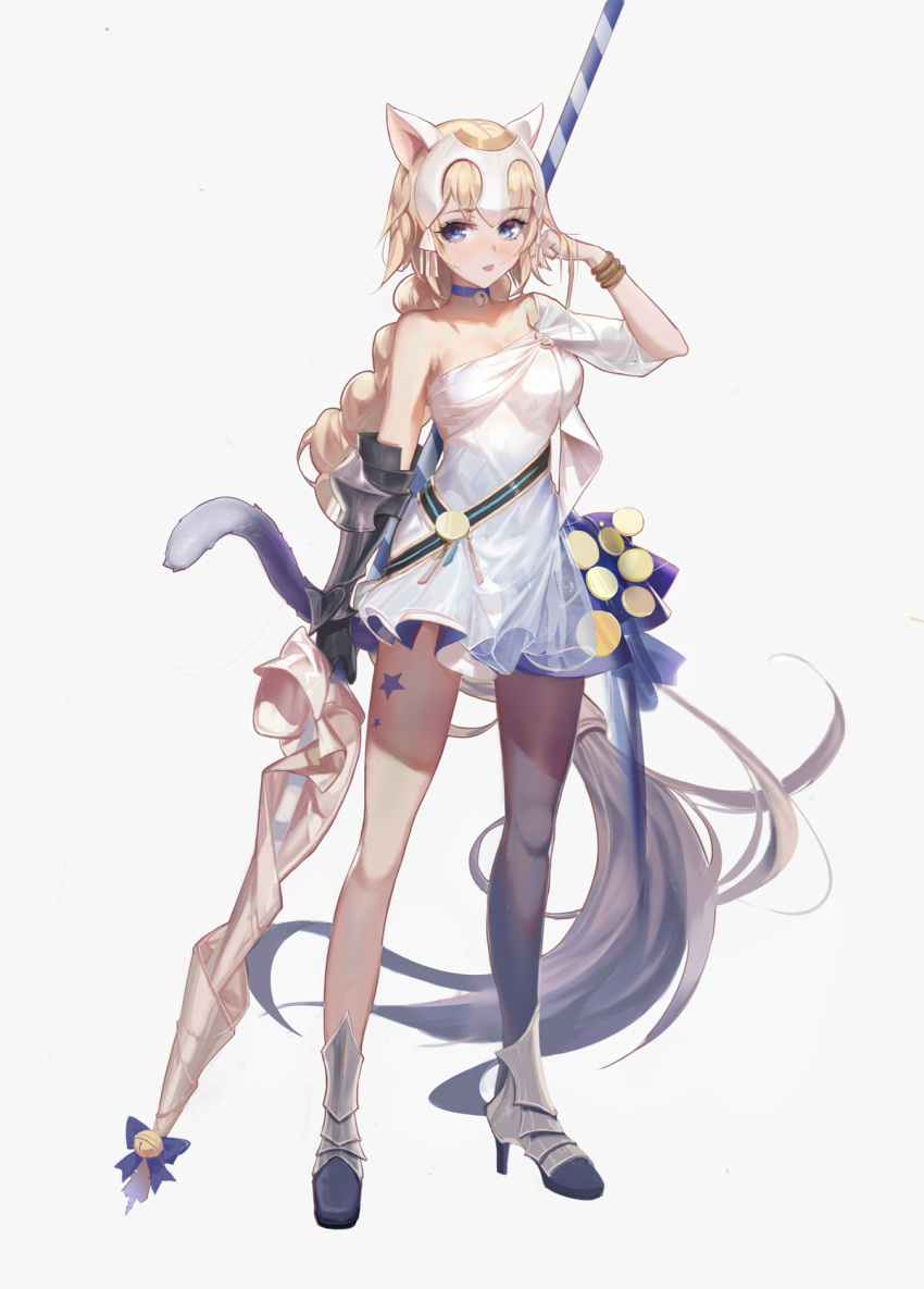 1girl animal_ears ankle_boots armor armored_boots asymmetrical_clothes bangle bare_shoulders bell bell_choker black_legwear blonde_hair blue_bow blue_choker blue_eyes blush boots bow bracelet braid breasts cat_ears cat_tail choker cleavage collarbone dress eyebrows_visible_through_hair fate/grand_order fate_(series) full_body hand_up headpiee high_heel_boots high_heels highres holding jeanne_d'arc_(fate) jeanne_d'arc_(fate)_(all) jewelry jingle_bell kemonomimi_mode legs_apart long_hair looking_at_viewer medium_breasts polearm rabbit_(tukenitian) short_dress simple_background single_braid single_gauntlet single_strap single_thighhigh spear star tail thigh-highs tsurime weapon white_background white_dress