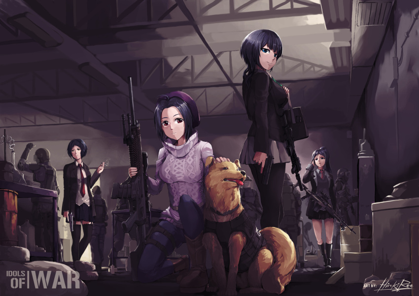 4girls absurdres ahoge aran_sweater artist_name asaka_karin assault_rifle beret black_hair black_legwear black_skirt blazer blue_eyes blue_hair blue_pants breasts brown_eyes brown_footwear cigarette closed_mouth collared_shirt commentary crossover dog drum_(container) english erlenmeyer_flask grey_shirt grey_skirt gun handgun hat hayami_kanade high_ponytail highres hiroki_ree holding holding_gun holding_weapon idolmaster idolmaster_cinderella_girls indoors jacket kneehighs large_breasts long_sleeves looking_at_viewer love_live! love_live!_school_idol_festival love_live!_sunshine!! matsuura_kanan medium_breasts miura_azusa multiple_girls number one_knee open_blazer open_clothes open_jacket pants pantyhose parted_lips petting pistol pleated_skirt purple_hat purple_sweater red_eyes red_neckwear rifle round-bottom_flask school_uniform shirt short_hair skirt smile smoke standing swat sweater sweater_vest thigh-highs tongue tongue_out trigger_discipline violet_eyes weapon white_shirt wing_collar zettai_ryouiki