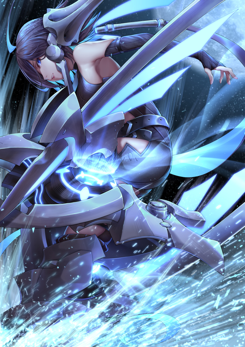 1girl absurdres ahoge blue_eyes blue_hair bodysuit boots breasts de_da_xianyu detached_sleeves forever_7th_capital from_side headgear high_heel_boots high_heels highres knee_up lips long_hair looking_at_viewer mecha_musume medium_breasts parted_lips sideboob solo